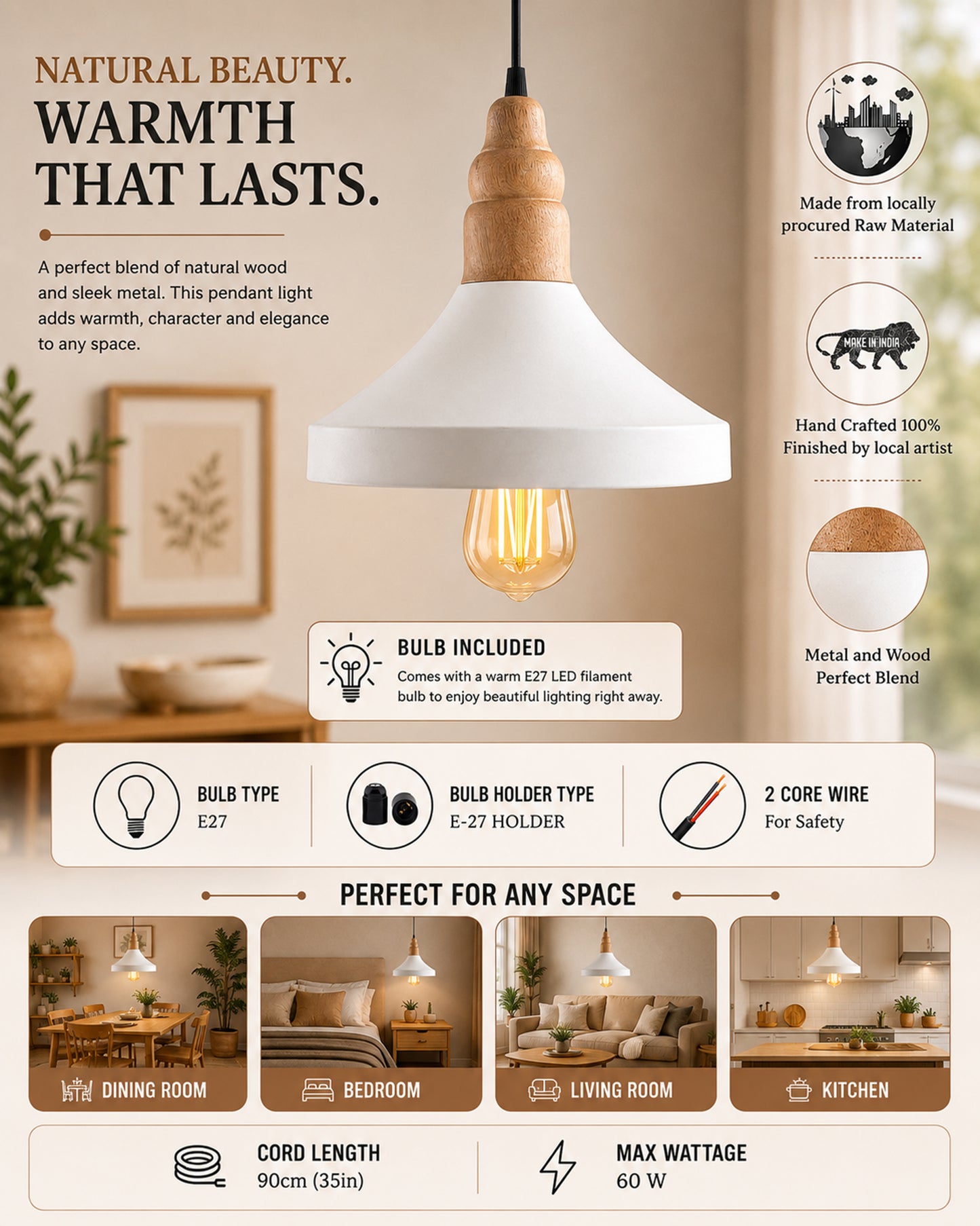 Parker Metal Wood Pendant Light, White Metal Natural Hanging Ceiling Light