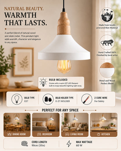 Parker Metal Wood Pendant Light, White Metal Natural Hanging Ceiling Light