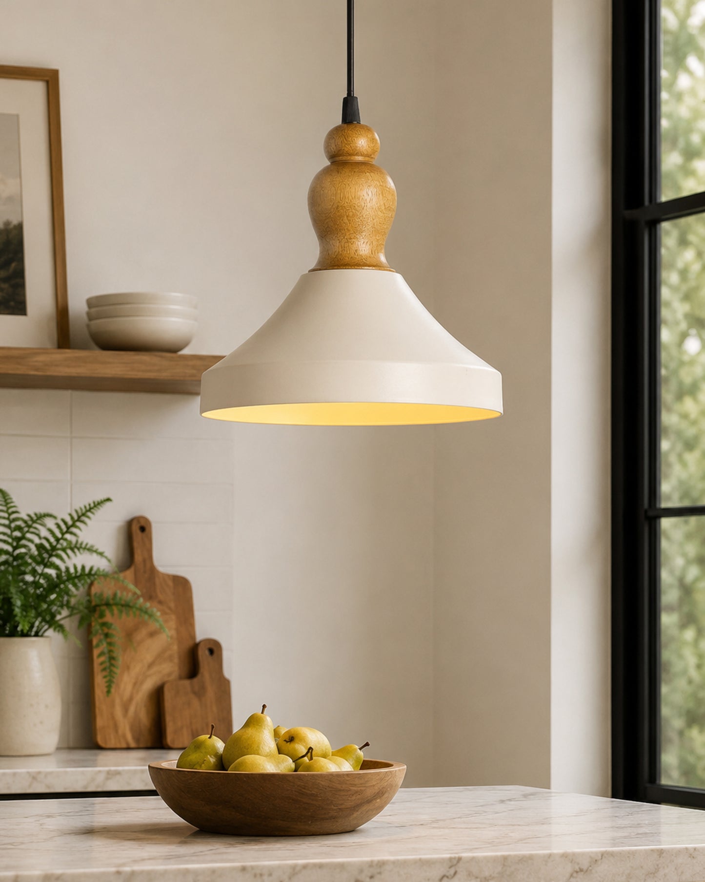 Parker Metal Wood Pendant Light, White Metal Natural Hanging Ceiling Light