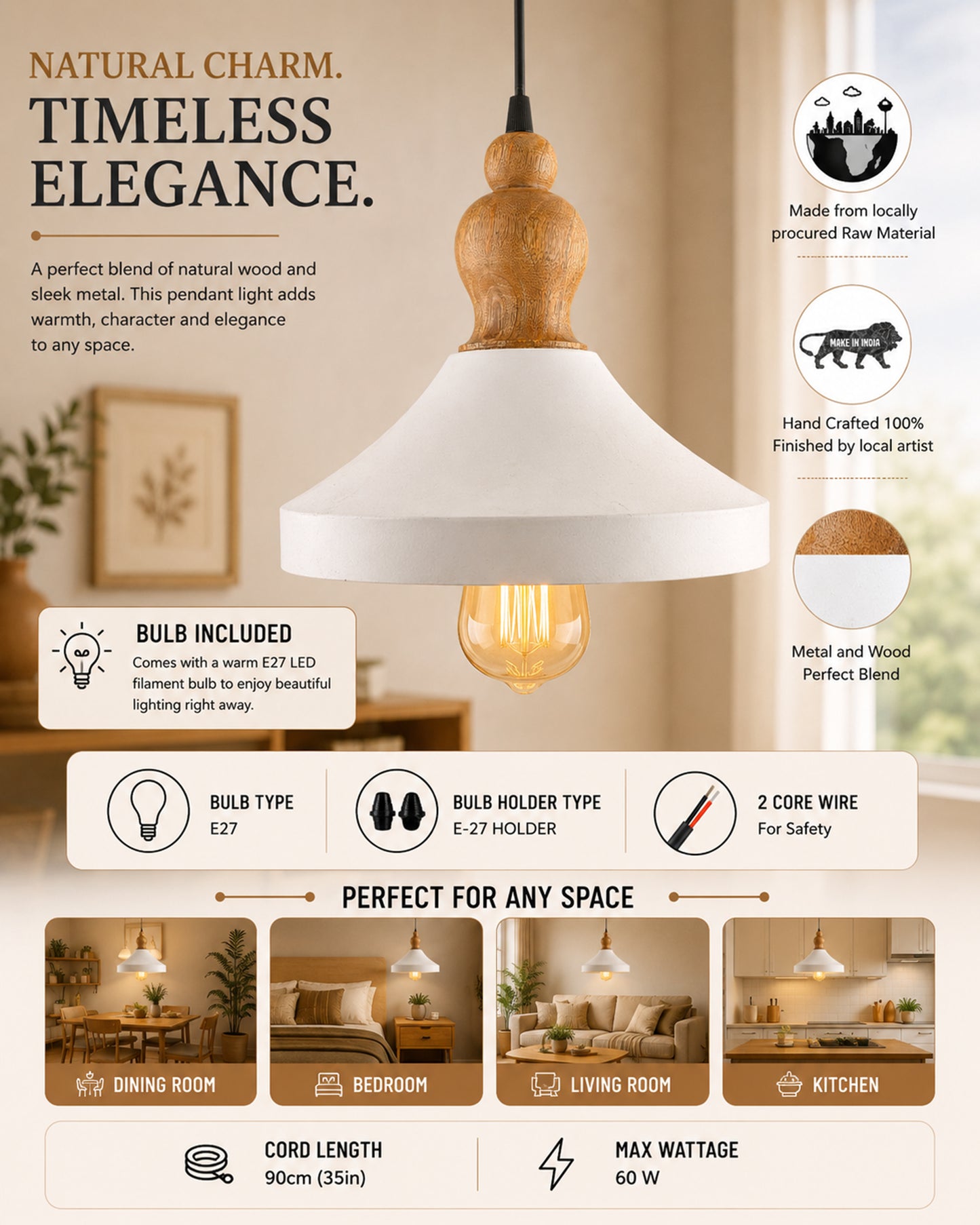 Parker Metal Wood Pendant Light, White Metal Natural Hanging Ceiling Light
