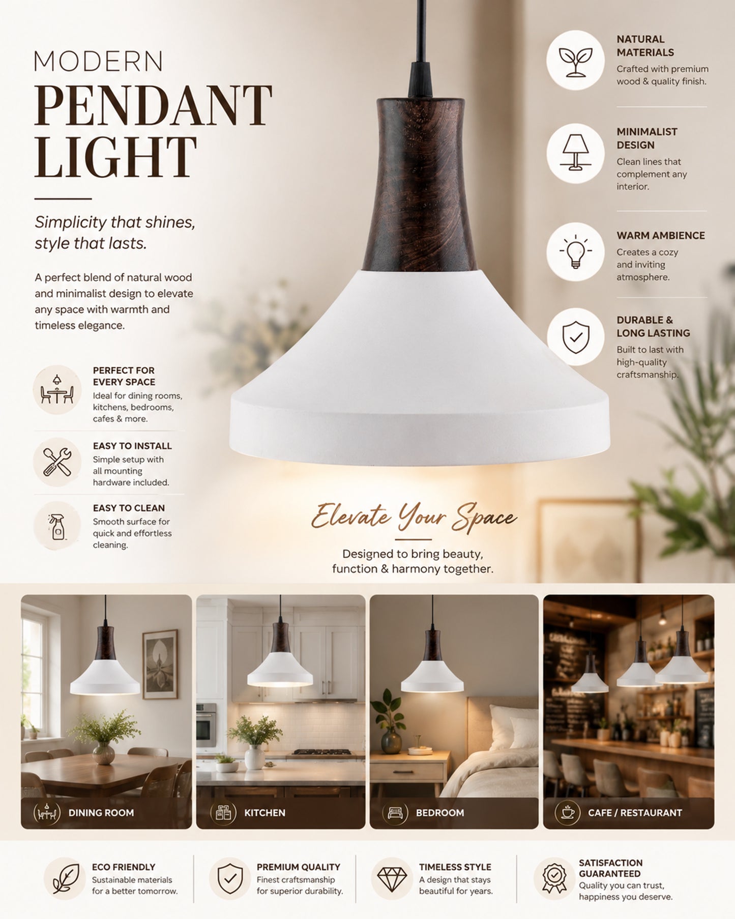 Parker Metal Wood Pendant Light, White Metal Antique Black Hanging Ceiling Light