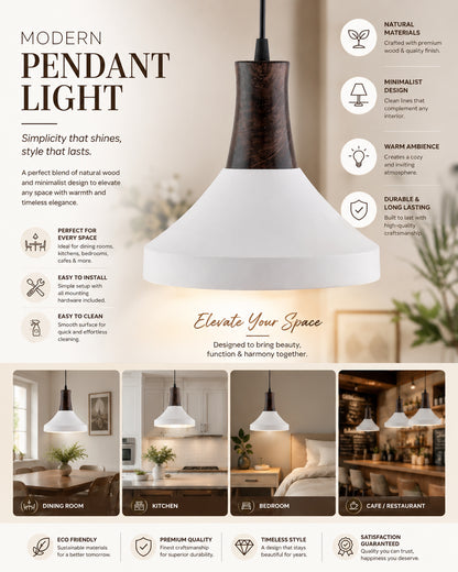 Parker Metal Wood Pendant Light, White Metal Antique Black Hanging Ceiling Light