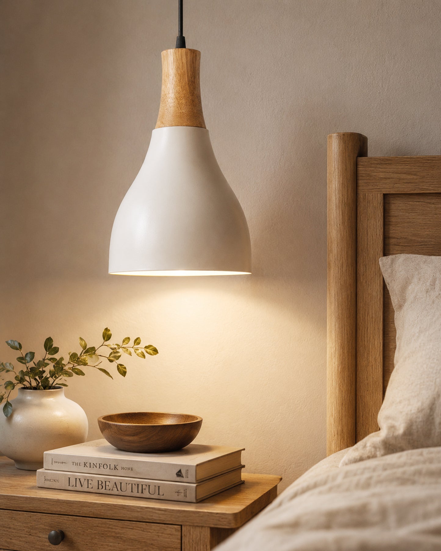 Croft Metal Wood Pendant Light, White Metal Natural Hanging Ceiling Light