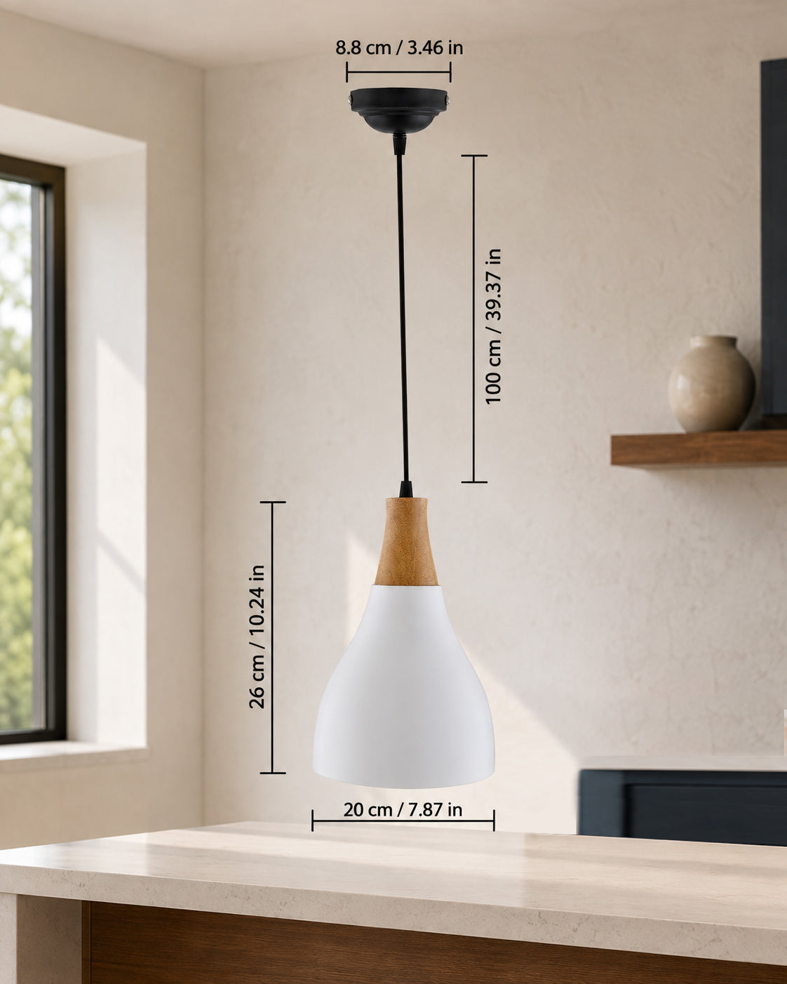 Croft Metal Wood Pendant Light, White Metal Natural Hanging Ceiling Light