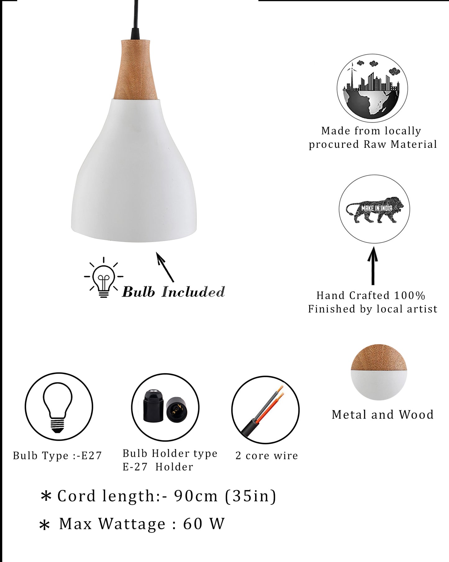 Croft Metal Wood Pendant Light, White Metal Natural Hanging Ceiling Light