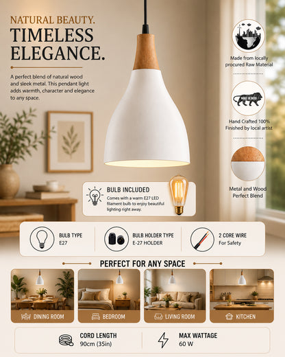 Croft Metal Wood Pendant Light, White Metal Natural Hanging Ceiling Light