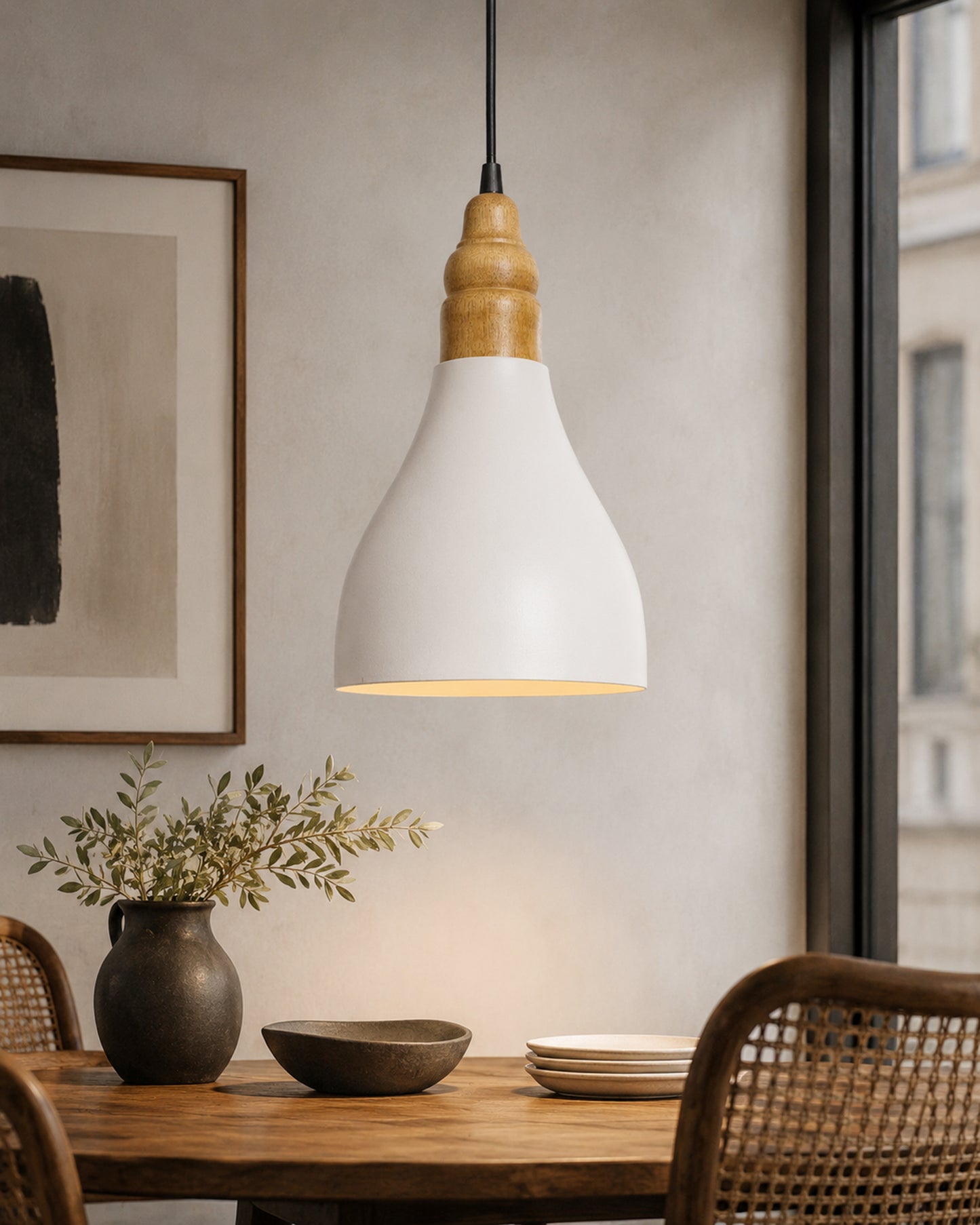 Croft Metal Wood Pendant Light, White Metal Natural Hanging Ceiling Light