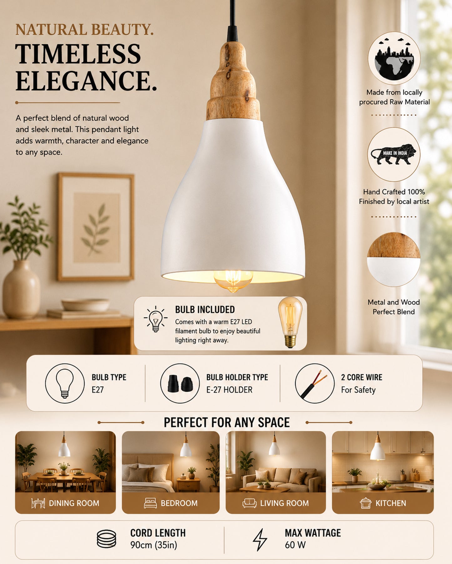 Croft Metal Wood Pendant Light, White Metal Natural Hanging Ceiling Light