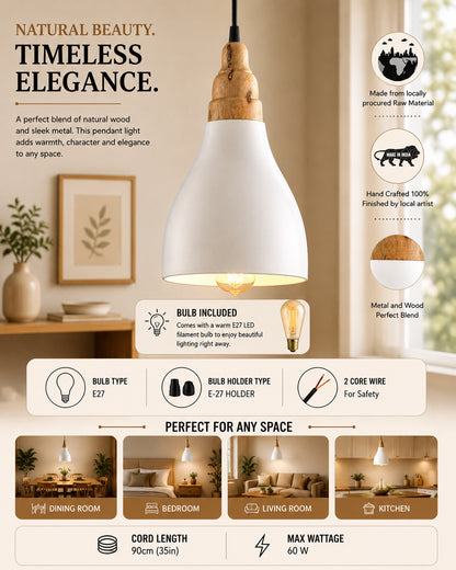 Croft Metal Wood Pendant Light, White Metal Natural Hanging Ceiling Light