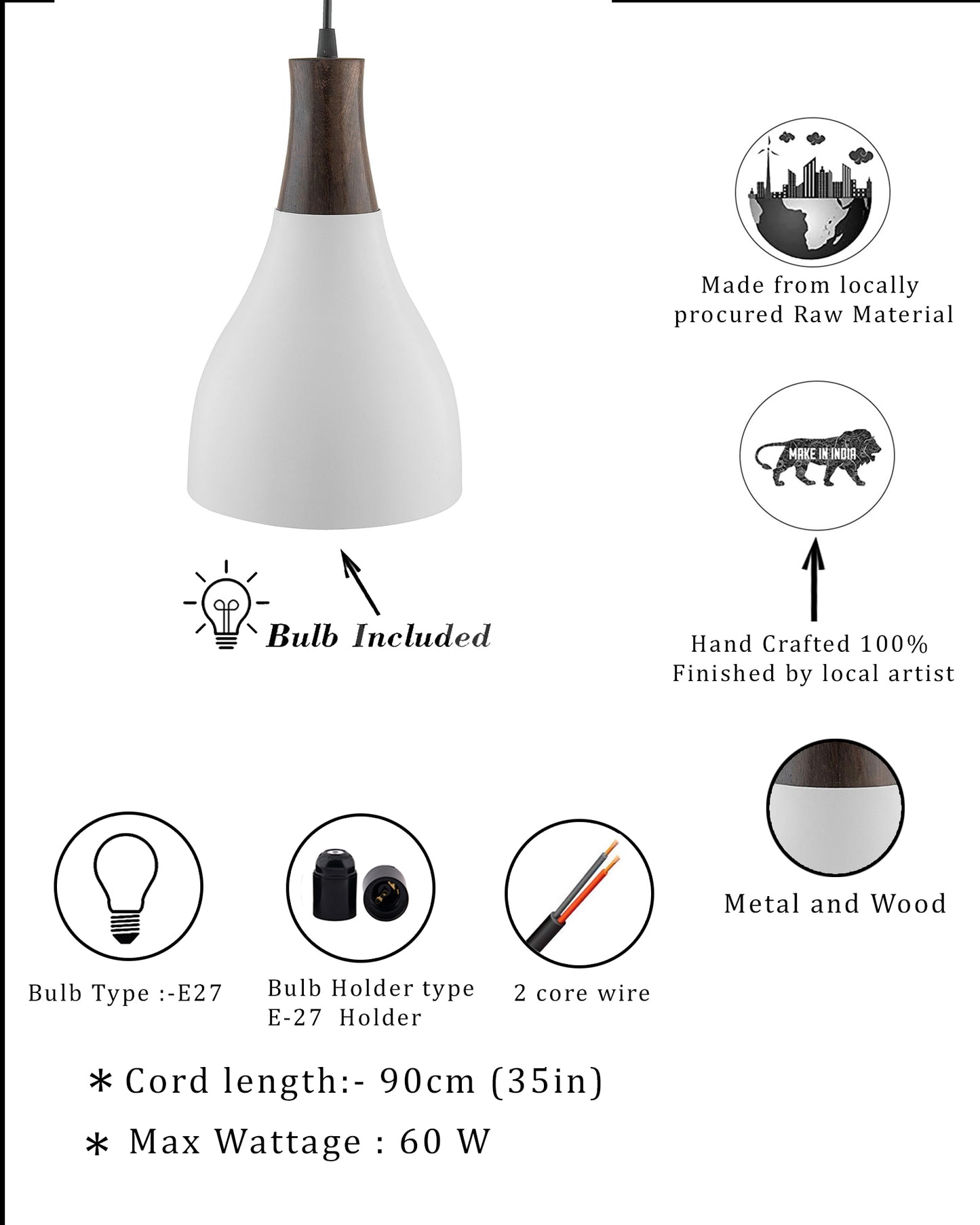 Croft Metal Wood Pendant Light, White Metal Antique Black Hanging Ceiling Light