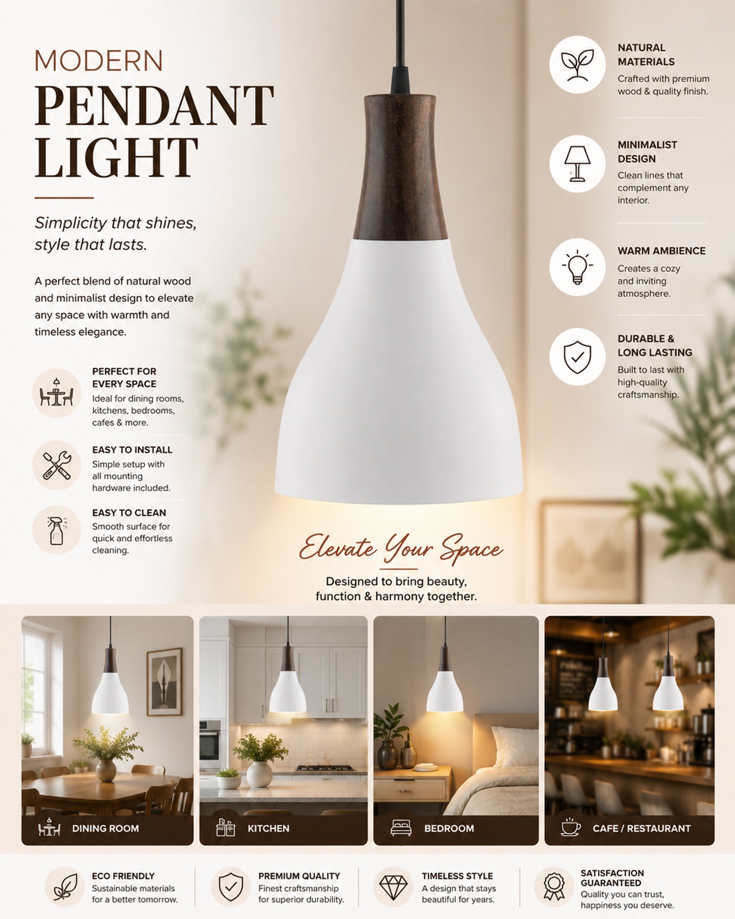 Croft Metal Wood Pendant Light, White Metal Antique Black Hanging Ceiling Light