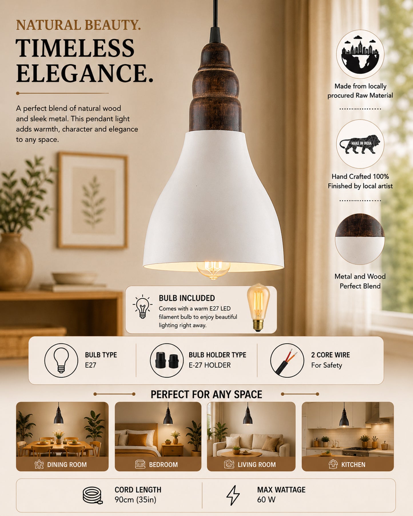 Croft Metal Wood Pendant Light, White Metal Antique Black Hanging Ceiling Light