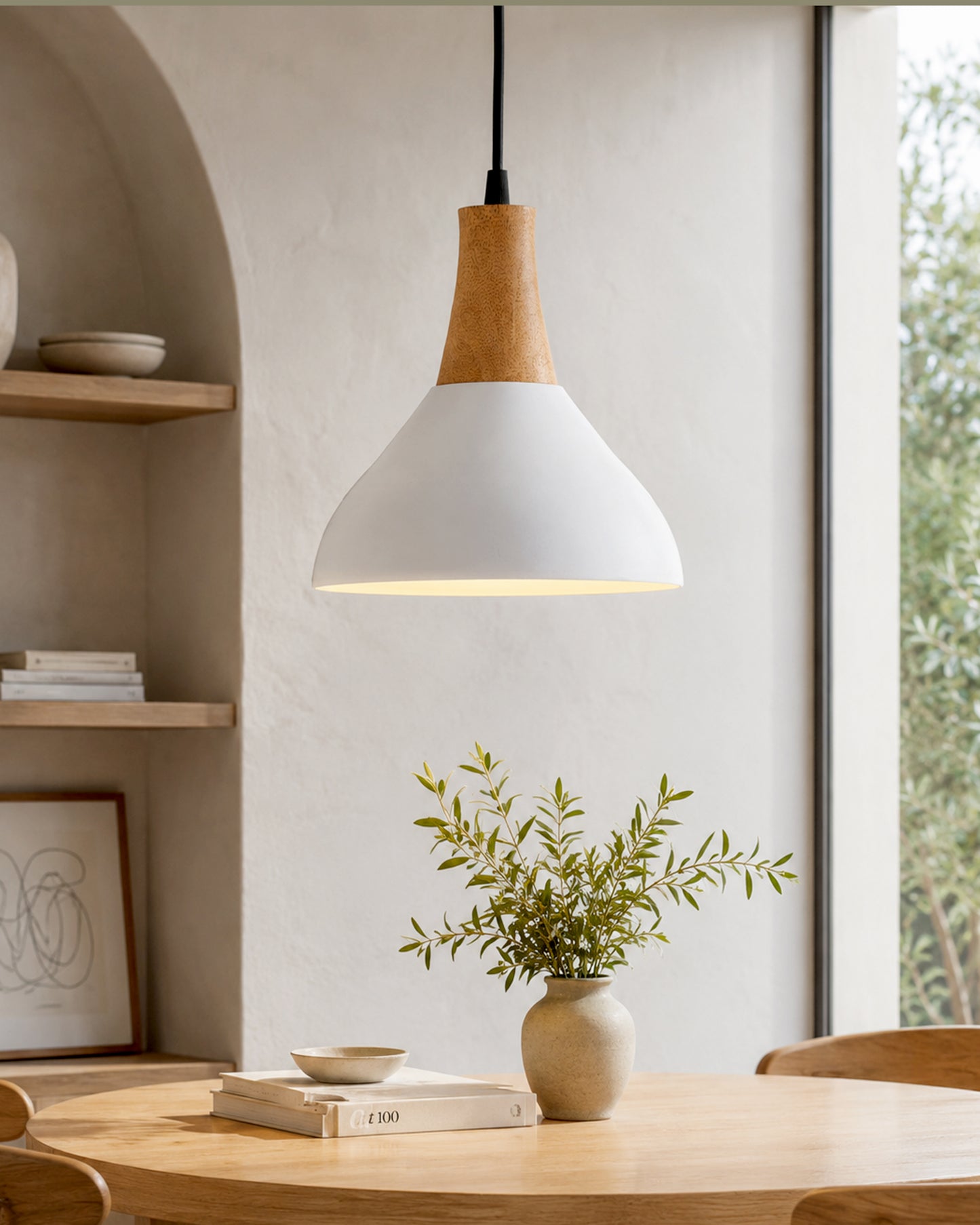 Nate Metal Wood Pendant Light, White Metal Natural Hanging Ceiling Light