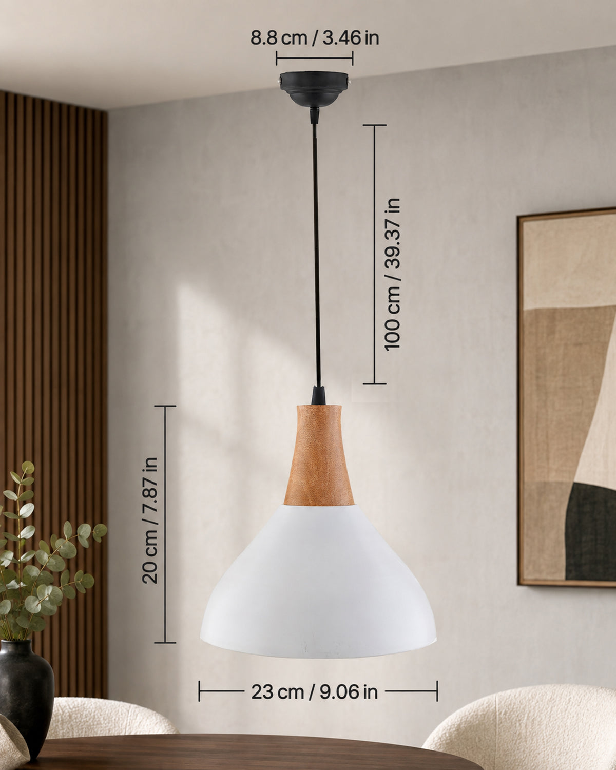 Nate Metal Wood Pendant Light, White Metal Natural Hanging Ceiling Light
