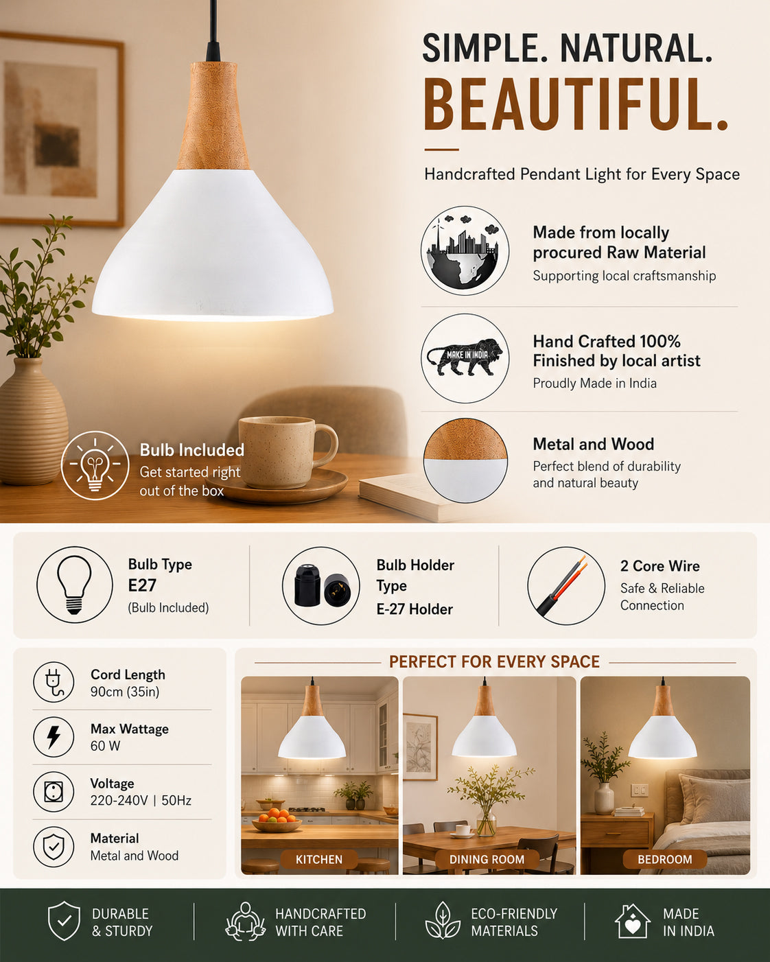 Nate Metal Wood Pendant Light, White Metal Natural Hanging Ceiling Light