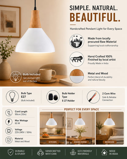 Nate Metal Wood Pendant Light, White Metal Natural Hanging Ceiling Light