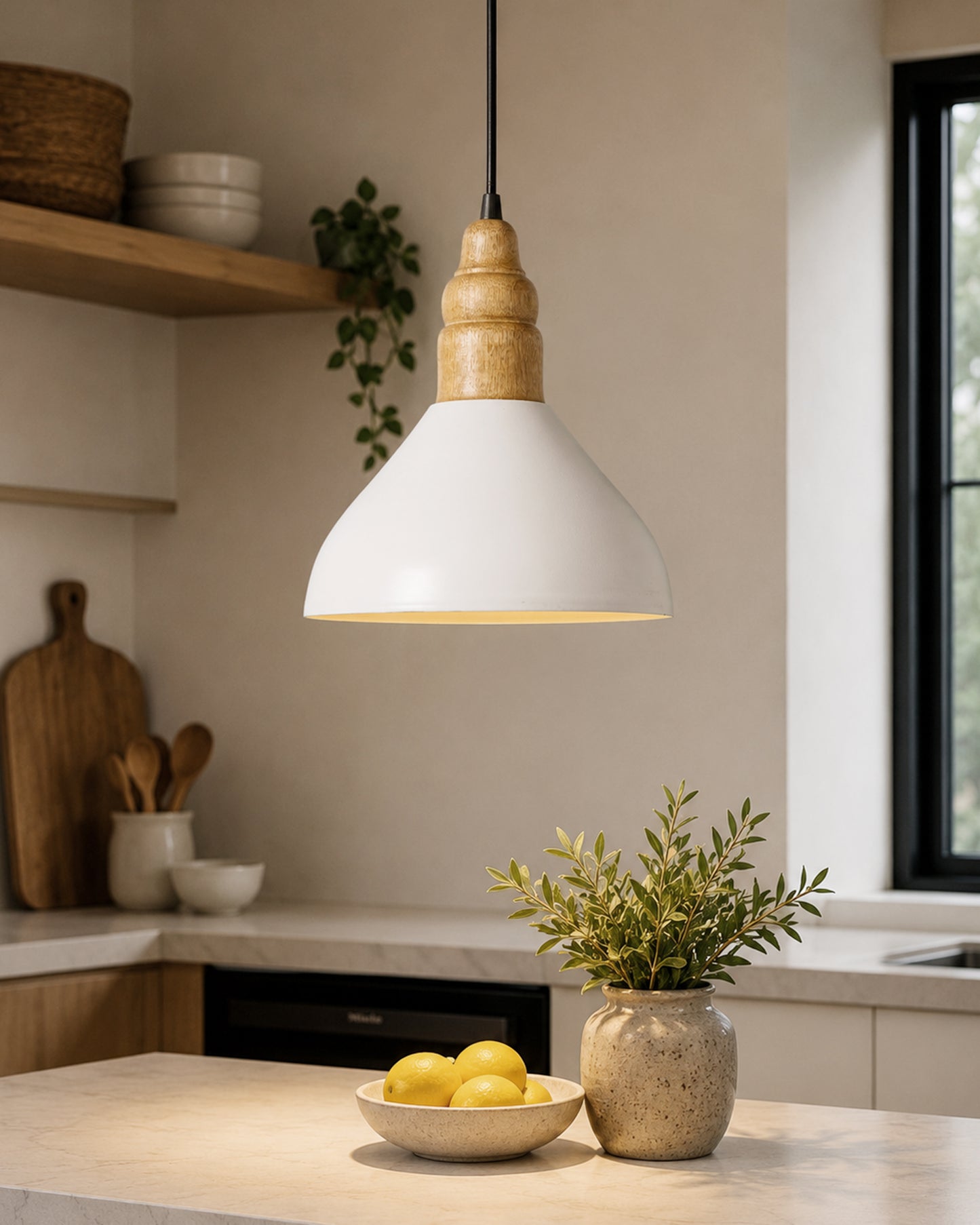 Nate Metal Wood Pendant Light, White Metal Natural Hanging Ceiling Light