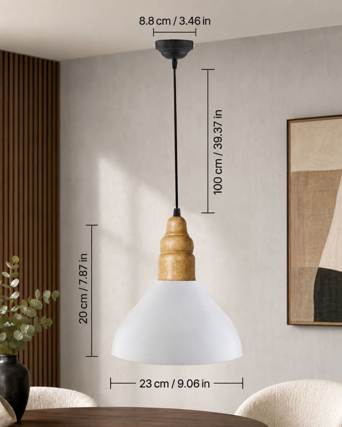 Nate Metal Wood Pendant Light, White Metal Natural Hanging Ceiling Light