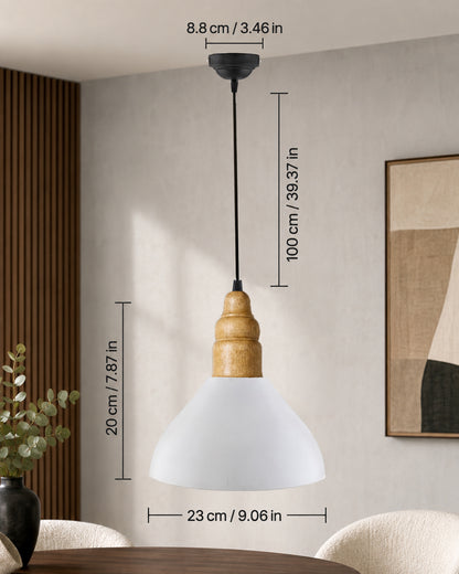 Nate Metal Wood Pendant Light, White Metal Natural Hanging Ceiling Light