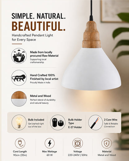 Nate Metal Wood Pendant Light, White Metal Natural Hanging Ceiling Light