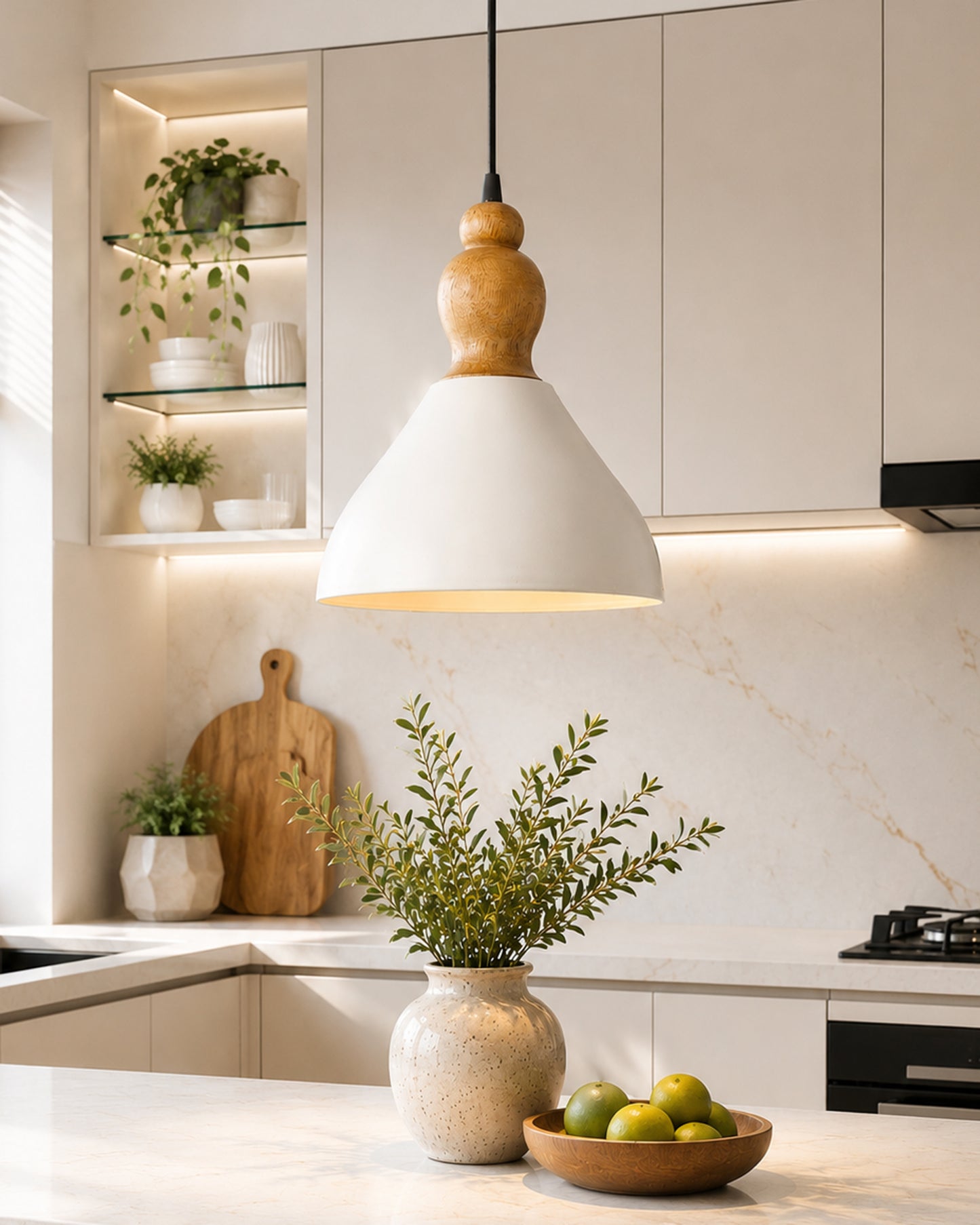 Nate Metal Wood Pendant Light, White Metal Natural Hanging Ceiling Light