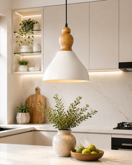 Nate Metal Wood Pendant Light, White Metal Natural Hanging Ceiling Light