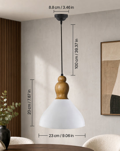 Nate Metal Wood Pendant Light, White Metal Natural Hanging Ceiling Light
