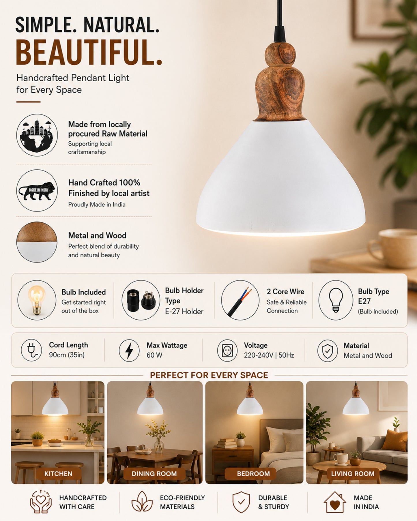 Nate Metal Wood Pendant Light, White Metal Natural Hanging Ceiling Light