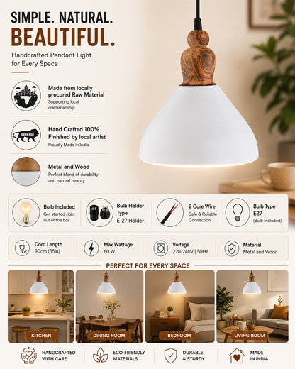 Nate Metal Wood Pendant Light, White Metal Natural Hanging Ceiling Light