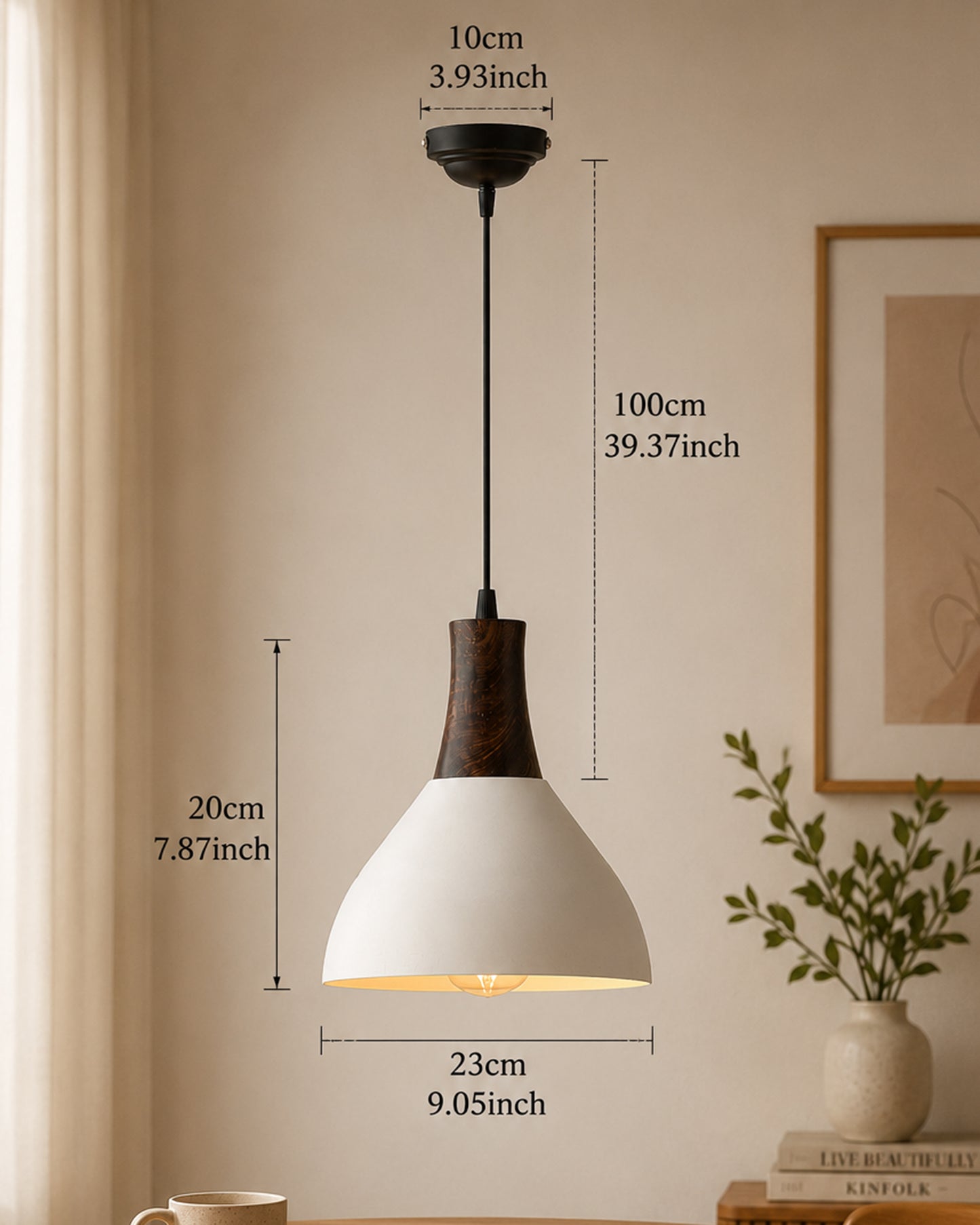 Nate Metal Wood Pendant Light, White Metal Antique Black Hanging Ceiling Light