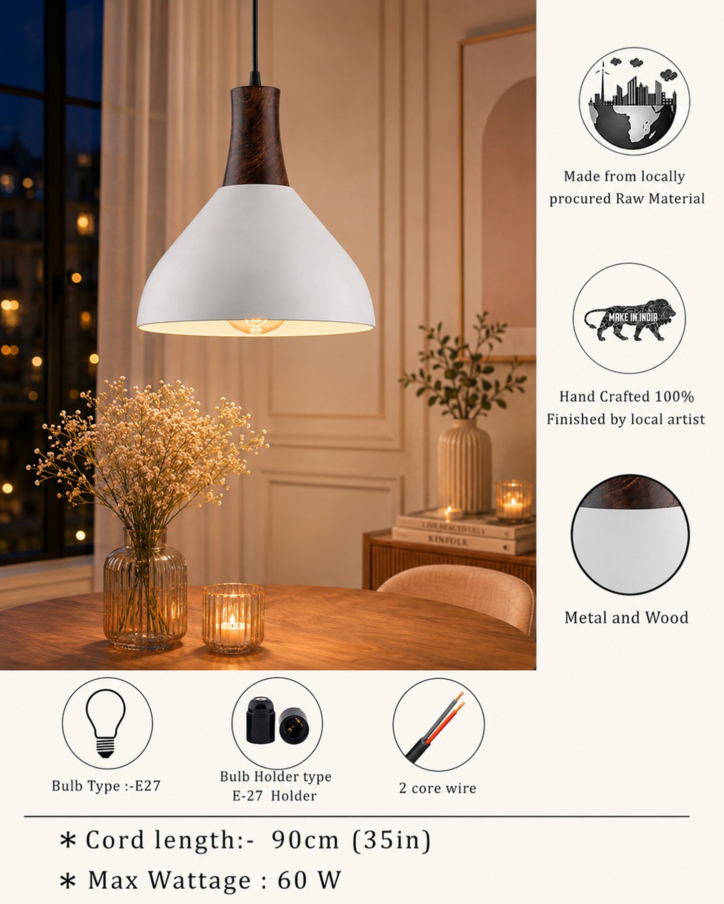 Nate Metal Wood Pendant Light, White Metal Antique Black Hanging Ceiling Light