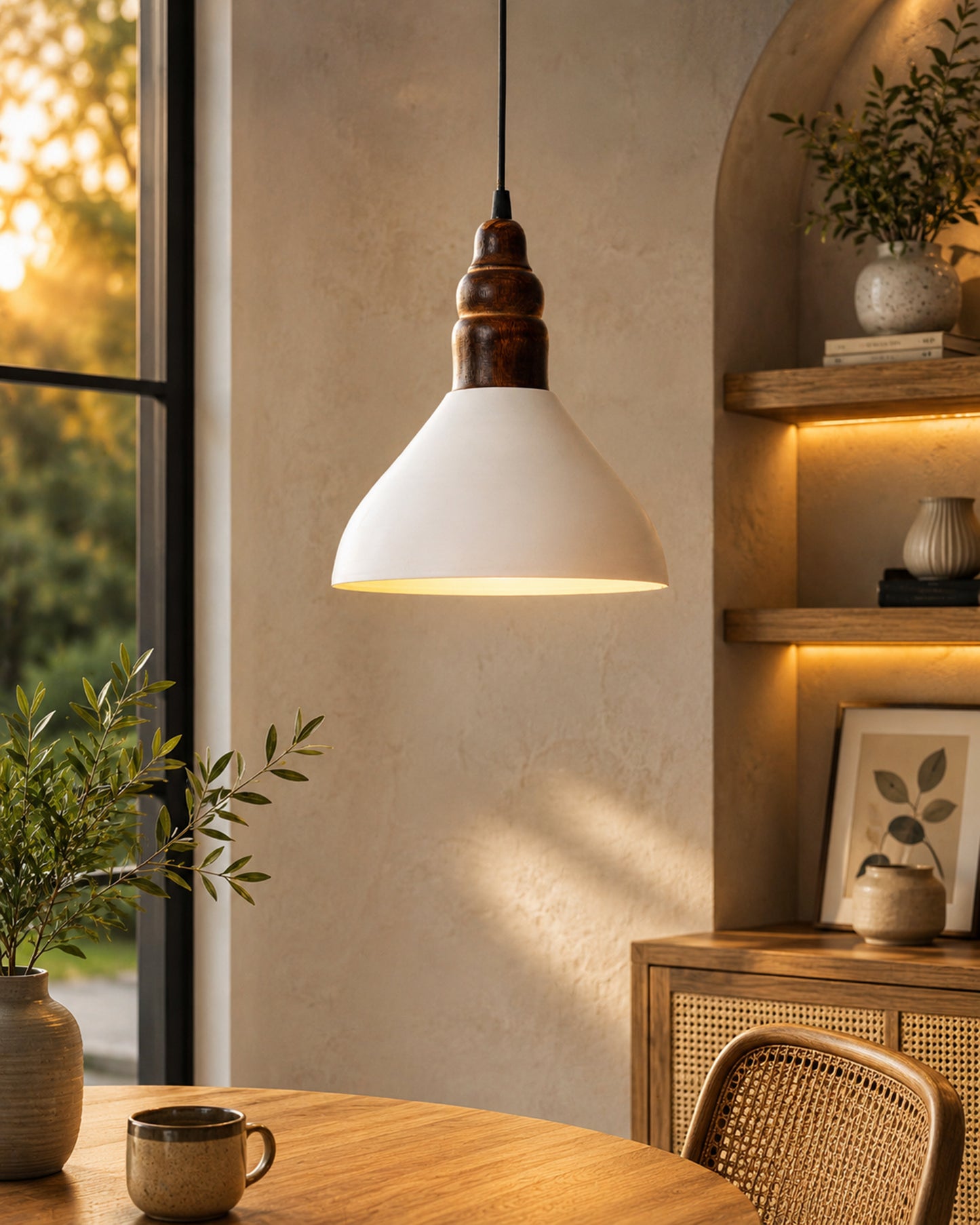 Nate Metal Wood Pendant Light, White Metal Antique Black Hanging Ceiling Light