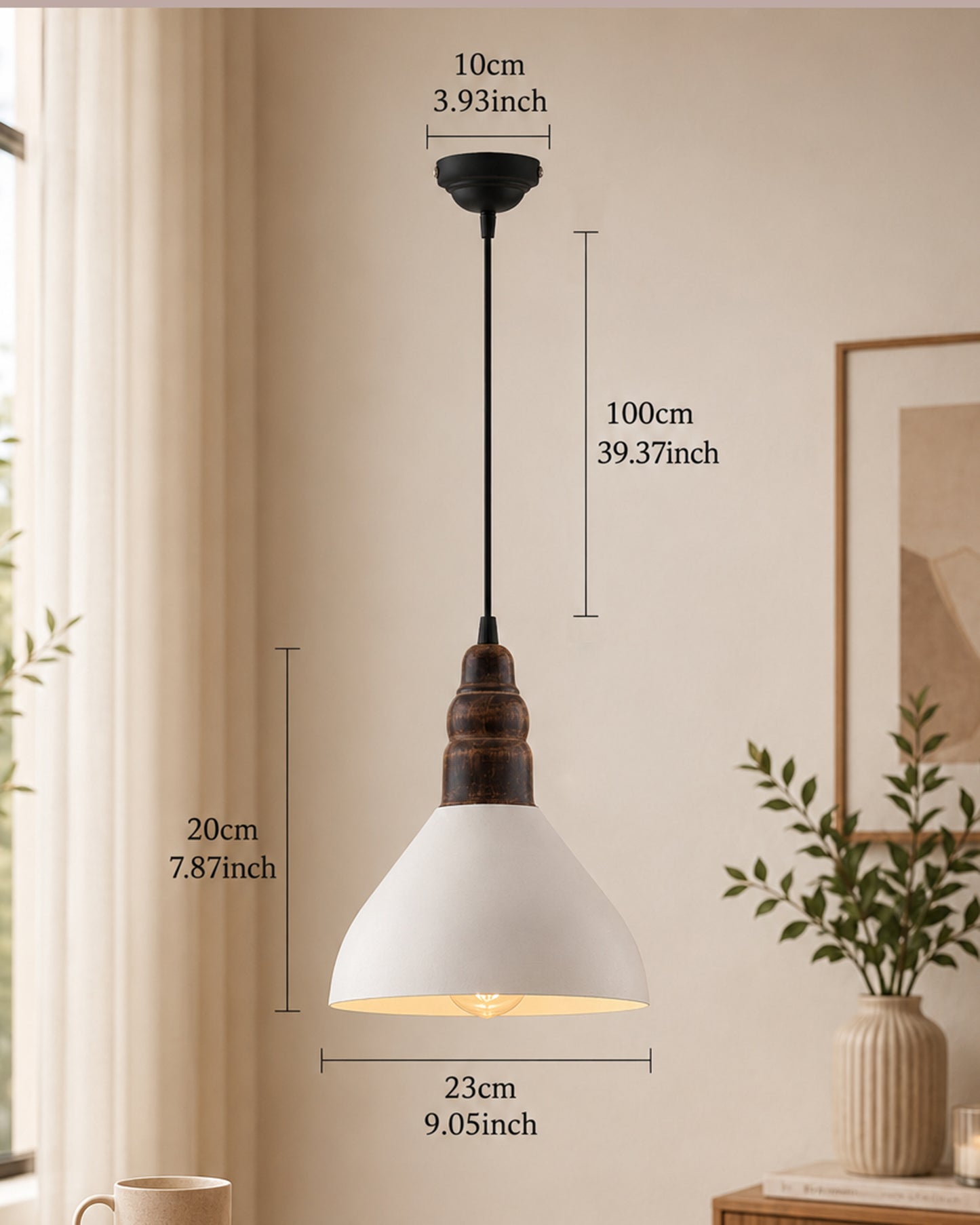 Nate Metal Wood Pendant Light, White Metal Antique Black Hanging Ceiling Light