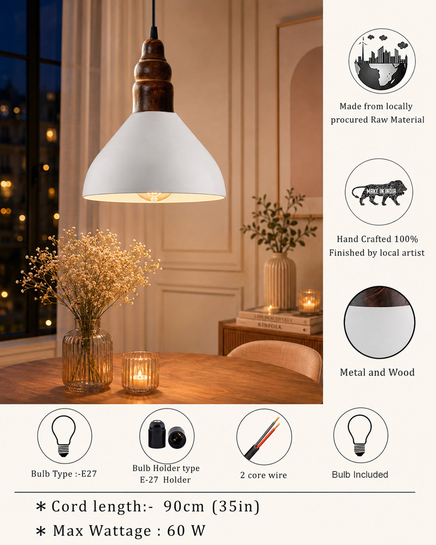 Nate Metal Wood Pendant Light, White Metal Antique Black Hanging Ceiling Light