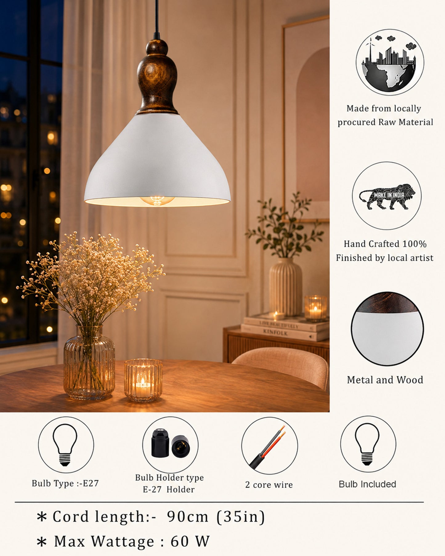 Nate Metal Wood Pendant Light, White Metal Antique Black Hanging Ceiling Light