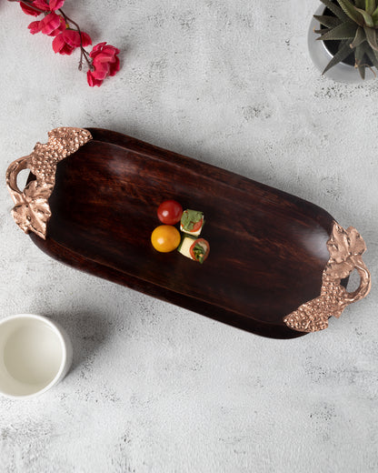 Walnut Wooden small oval tray with leaf handle, serving tray, snacks and fruits