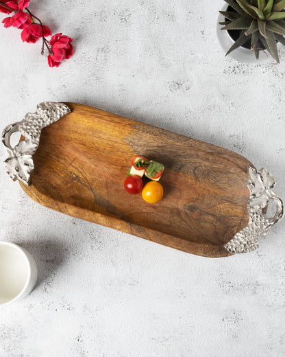 Natural Wooden small oval tray with leaf handle, serving tray, snacks and fruits