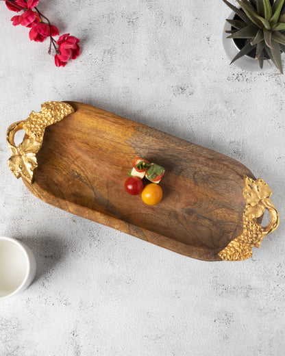 Natural Wooden small oval tray with leaf handle, serving tray, snacks and fruits