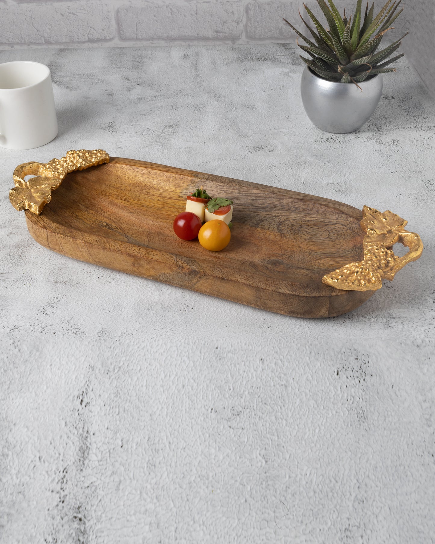 Natural Wooden small oval tray with leaf handle, serving tray, snacks and fruits