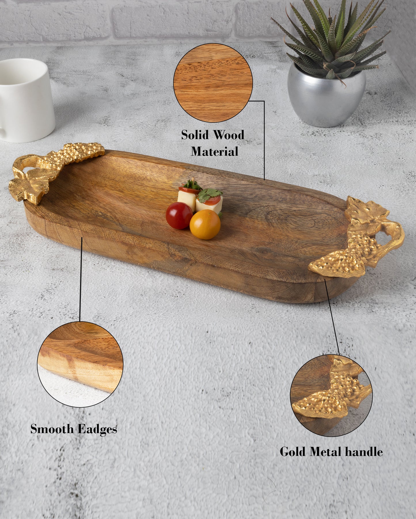 Natural Wooden small oval tray with leaf handle, serving tray, snacks and fruits
