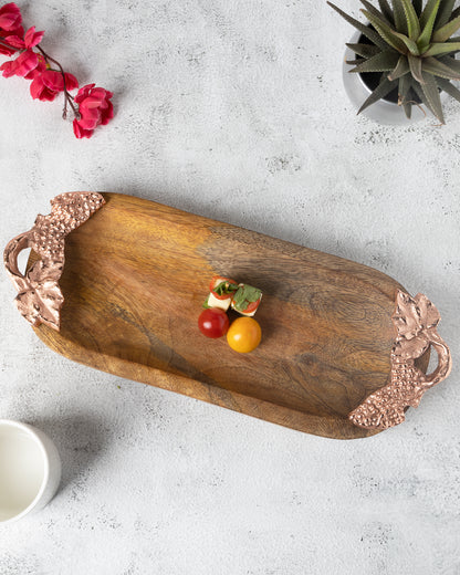 Natural Wooden small oval tray with leaf handle, serving tray, snacks and fruits