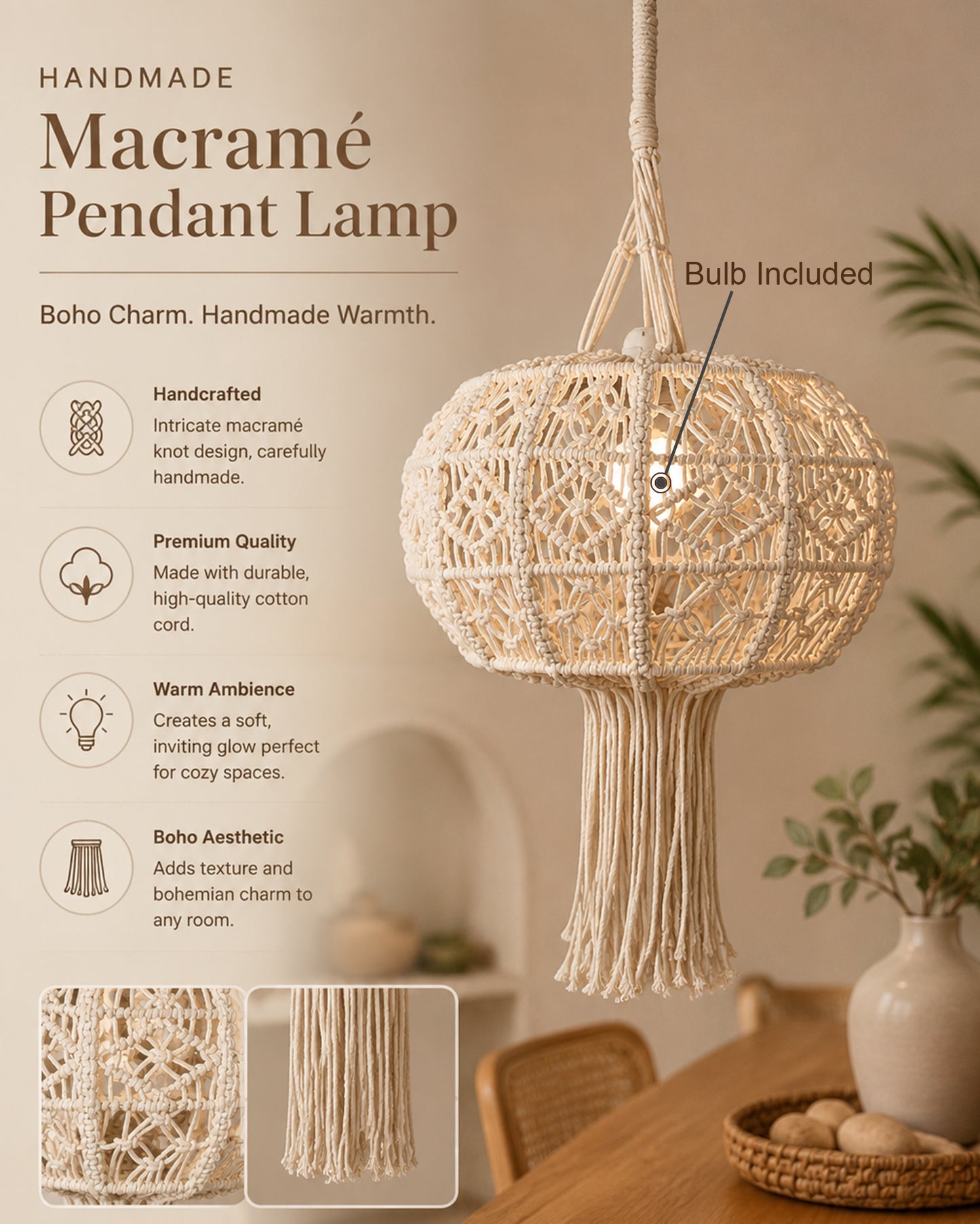 Farmhouse Hand-Woven Chandelier Hanging Lamp,Boho Drum Pendant Modern Lampshade for Decor