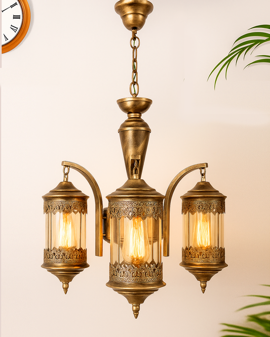 3-Light Oil Rubbed Antique Bronze Vintage Edison Chandelier, Glass Metal Jhoomar, Carving Cylinder