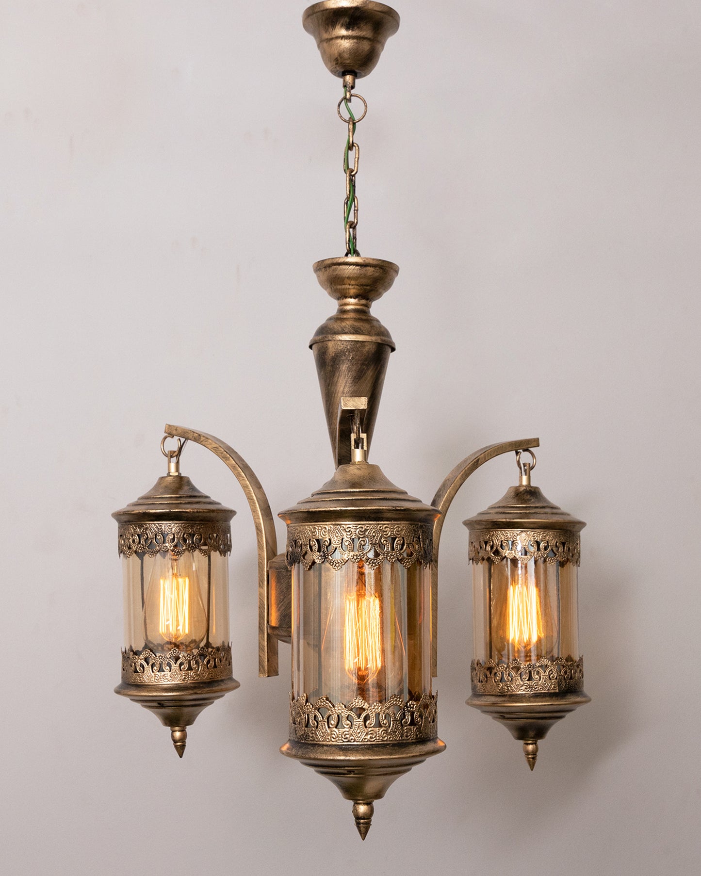 3-Light Oil Rubbed Antique Bronze Vintage Edison Chandelier, Glass Metal Jhoomar, Carving Cylinder