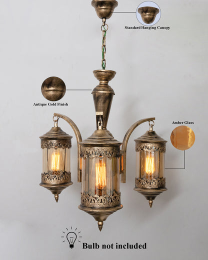 3-Light Oil Rubbed Antique Bronze Vintage Edison Chandelier, Glass Metal Jhoomar, Carving Cylinder
