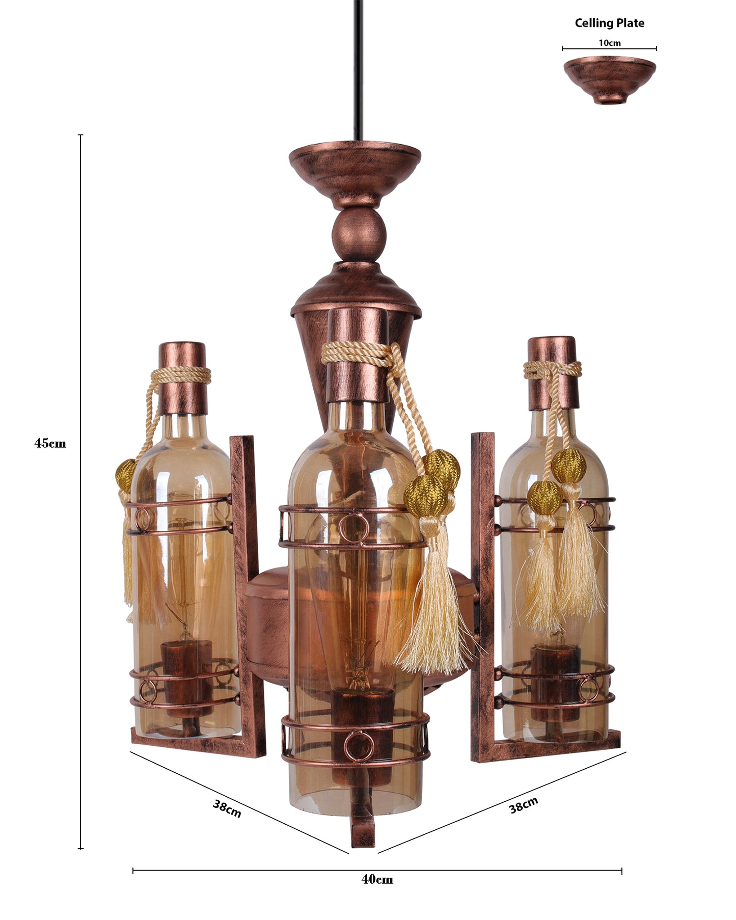 3-Light Oil Rubbed Antique Copper Rust Vintage Edison Chandelier, Glass Metal Jhoomar, Bottle