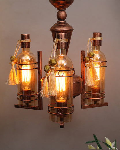3-Light Oil Rubbed Antique Copper Rust Vintage Edison Chandelier, Glass Metal Jhoomar, Bottle