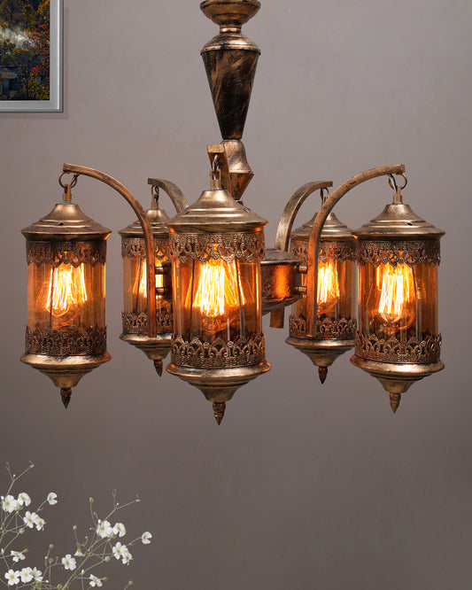 5-Light Oil Rubbed Antique Bronze Vintage Edison Chandelier, Glass Metal Jhoomar, Carving Cylinder