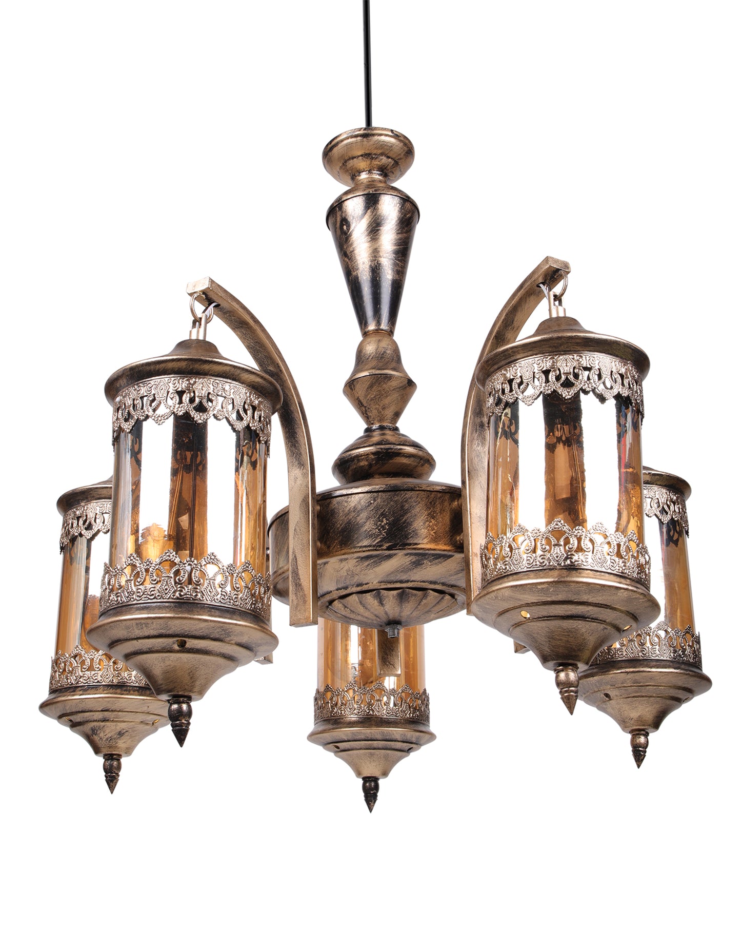 5-Light Oil Rubbed Antique Bronze Vintage Edison Chandelier, Glass Metal Jhoomar, Carving Cylinder