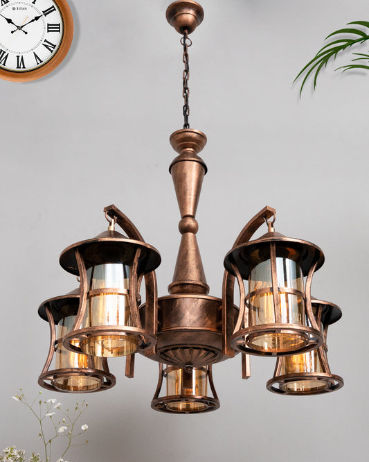 5-Light Oil Rubbed Antique Copper Rust Vintage Edison Chandelier, Glass Metal Jhoomar, Lantern